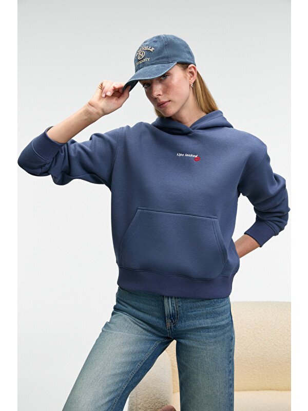 GRIMELANGE MELUREA Kadın Nakışlı Kapüşonlu Comfort Fit KOYU MAVİ Sweatshirt