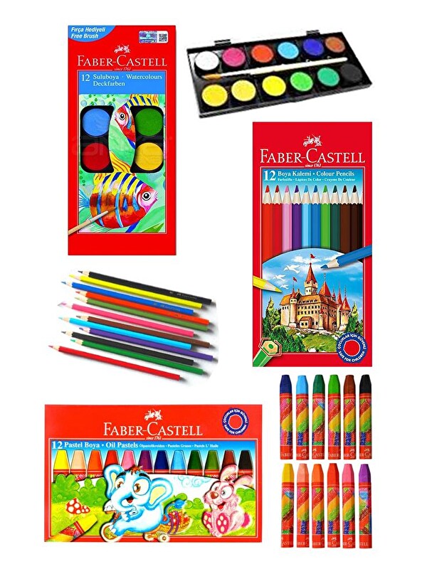 Faber-Castell Öğrenci Boyama Seti 3 lü Faber 12 Renk Sulu Boya Kuru Boya Pastel Boya 12 li Boya Set Okul Sınıf