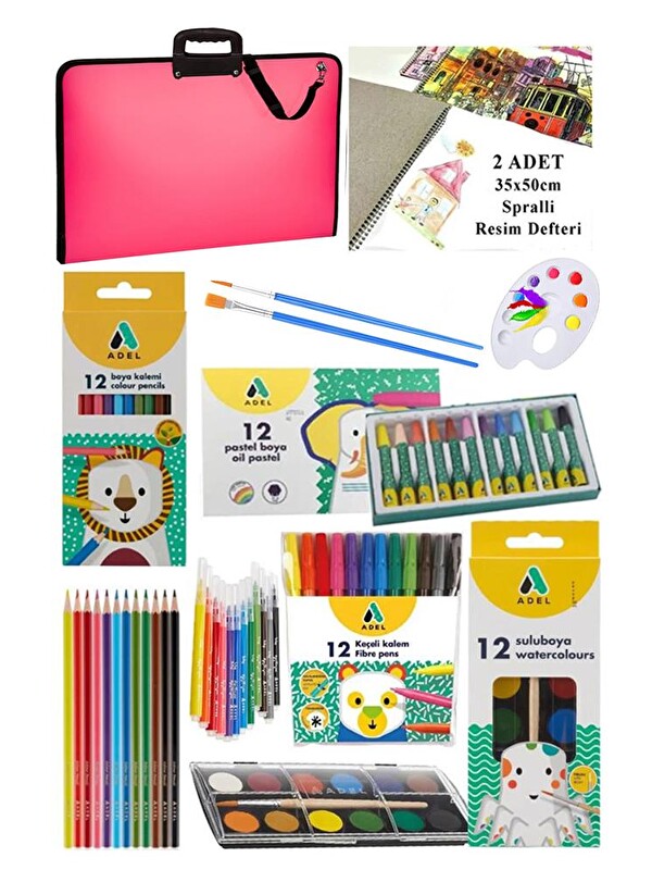 Artlantis Öğrenci Boyama Seti 10 Parça 1 Paket 35x50 Resim Çantası Defter Sulu-Kuru- Pastel Boya Keçeli Kalem