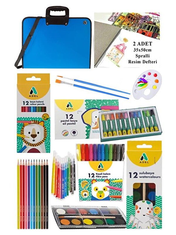 Artlantis Öğrenci Boyama Seti 10 Parça 1 Paket 35x50 Resim Çantası Defter Sulu-Kuru- Pastel Boya Keçeli Kalem