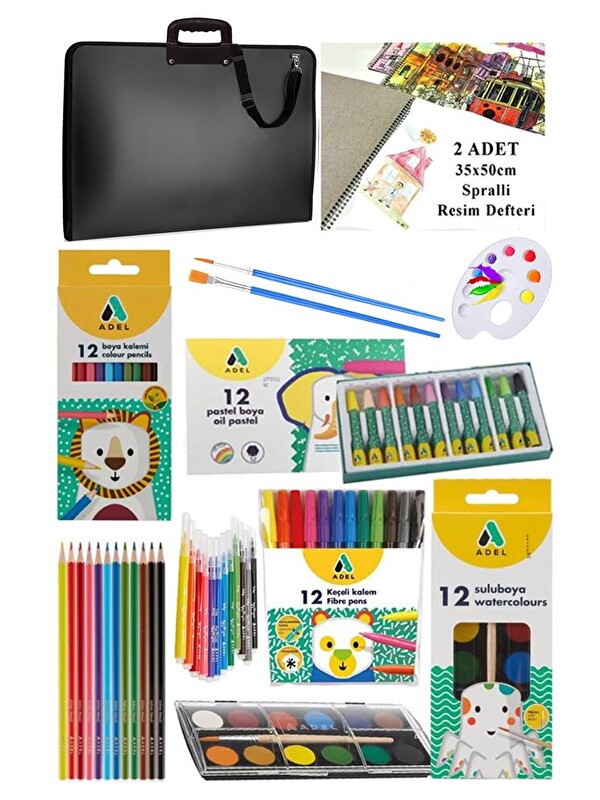 Artlantis Öğrenci Boyama Seti 10 Parça 1 Paket 35x50 Resim Çantası Defter Sulu-Kuru- Pastel Boya Keçeli Kalem