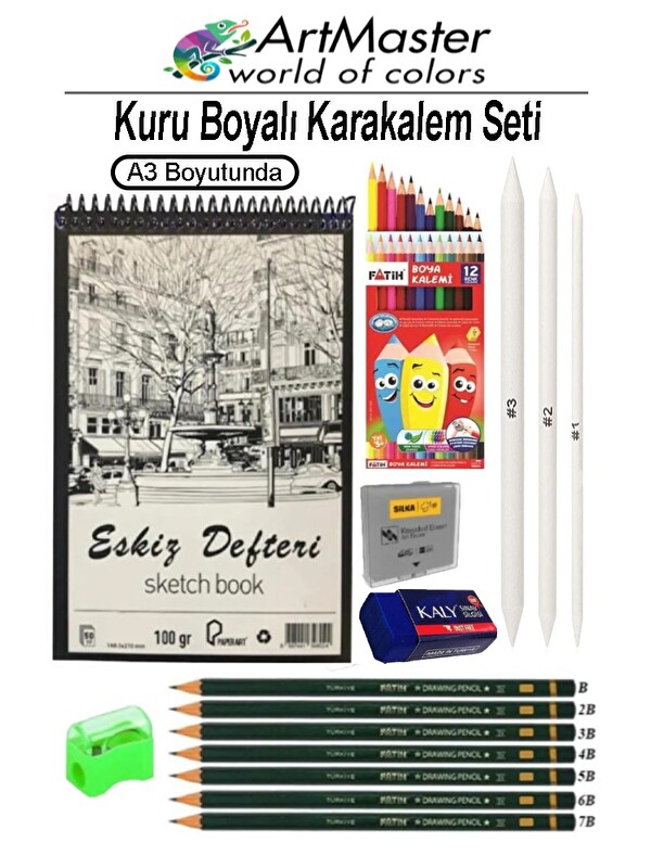 artmaster A3 Eskiz Defteri 50 Yp Spiralli Kuru Boya Dereceli Kalem Seti Hamur Silgi Gölgelendirme Kalemi