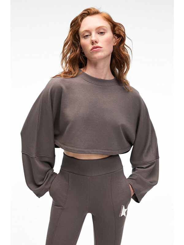 GRIMELANGE ANOUK Kadın Pamuklu Baskı Ve Patch Detaylı Bisiklet Yaka Crop ANTRASİT Sweatshirt