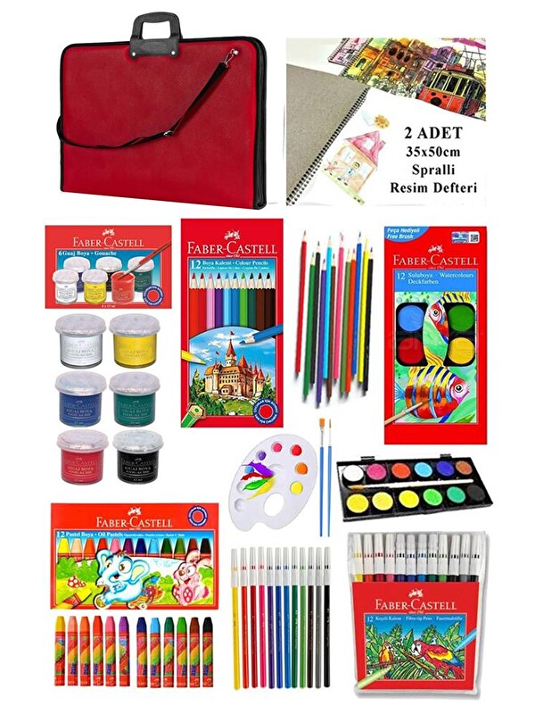 Artlantis Öğrenci Boyama Seti 11 Parça 1 Paket 35x50 Resim Çantası Resim Defter Fabe Sulu - Kuru -Pastel Boya