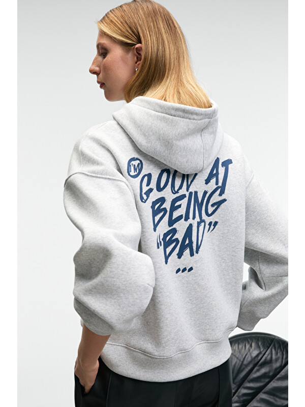 GRIMELANGE EVANTIA Kadın Baskılı Oversize Kapüşonlu Nakış Detaylı Kanguru Cep GRİ MELANJ Sweatshirt