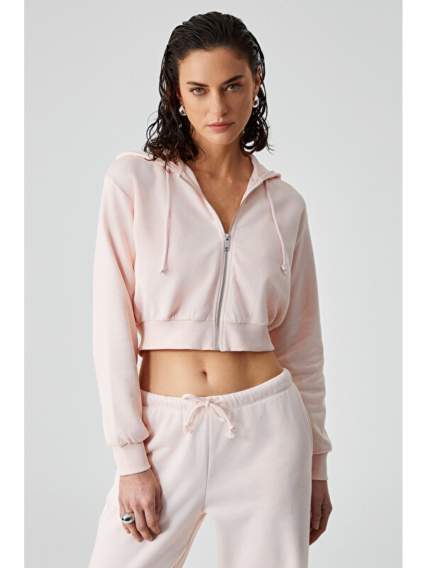 GRIMELANGE ARUBA Kadın %100 Pamuk Uzun Kol Crop PEMBE Sweatshirt
