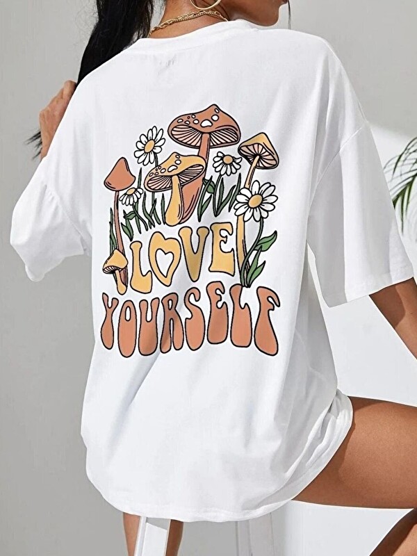 Trendseninle Beyaz Love Yourself Baskı %100 Organik Pamuk Relaxed Fit Yuvarlak Yaka Tişört