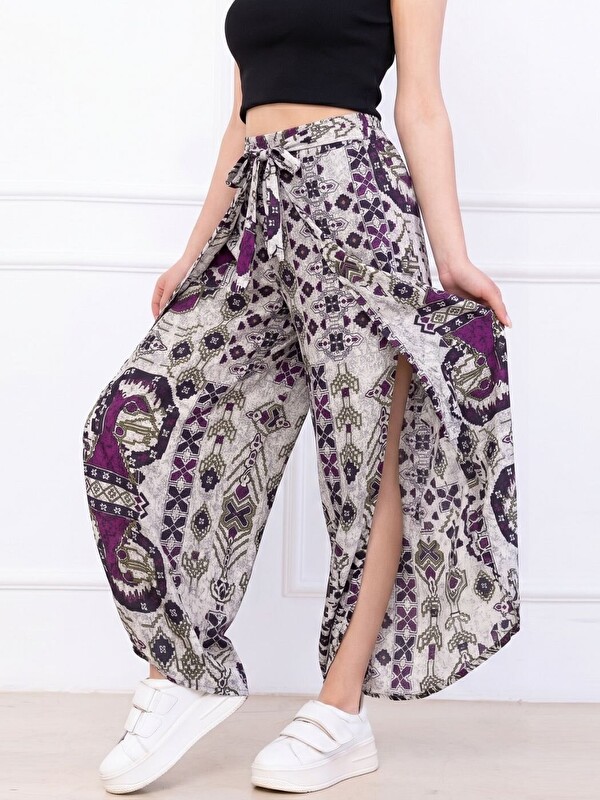 Trendseninle Kadın Mürdüm Motif Belden Bağlamalı Zarf Kapaklı Dokuma Pantolon