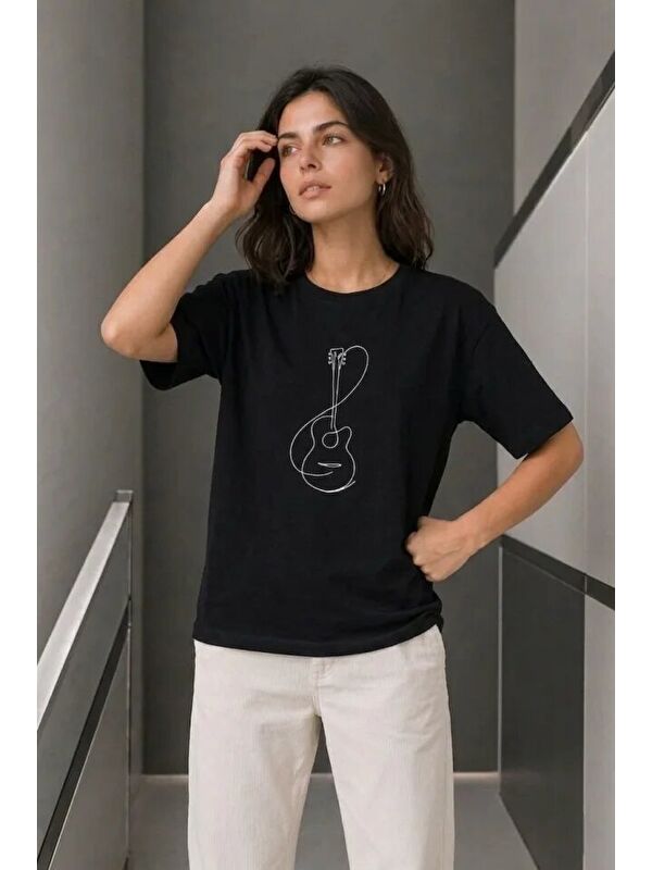Jane's Minimal Gitar Baskılı Tişört T-Shirt Yazlık Kısa Kol Bisiklet Yaka T-Shirt - Siyah