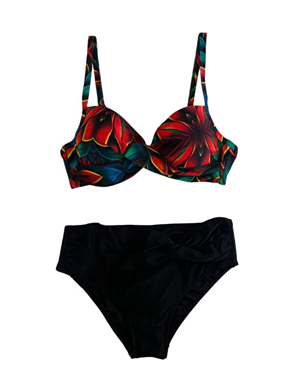 Hazelin Kadın Siyah Kırmızı Çiçek Desenli Astarlı Büyük Beden Bikini Takımı HZL25S-LC24108