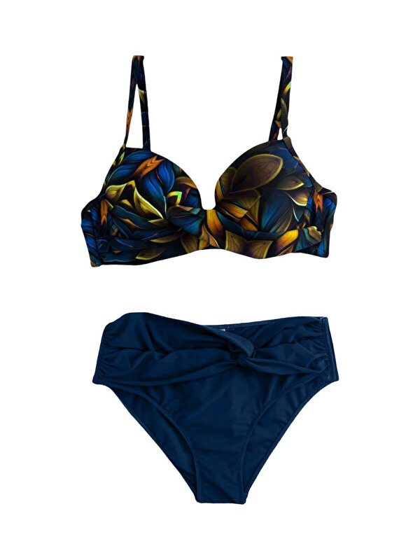 Hazelin Kadın Lacivert Sarı Çiçek Desenli Astarlı Büyük Beden Bikini Takımı HZL25S-LC24108