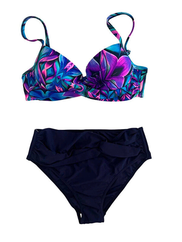 Hazelin Kadın Lacivert Fuşya Çiçek Desenli Astarlı Büyük Beden Bikini Takımı HZL25S-LC24108