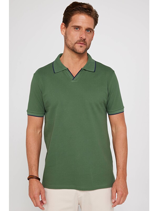 TUDORS Erkek Slim Fit Dar Kesim %100 Pamuk Düz Pike Düğmesiz Haki Polo Yaka Tişört
