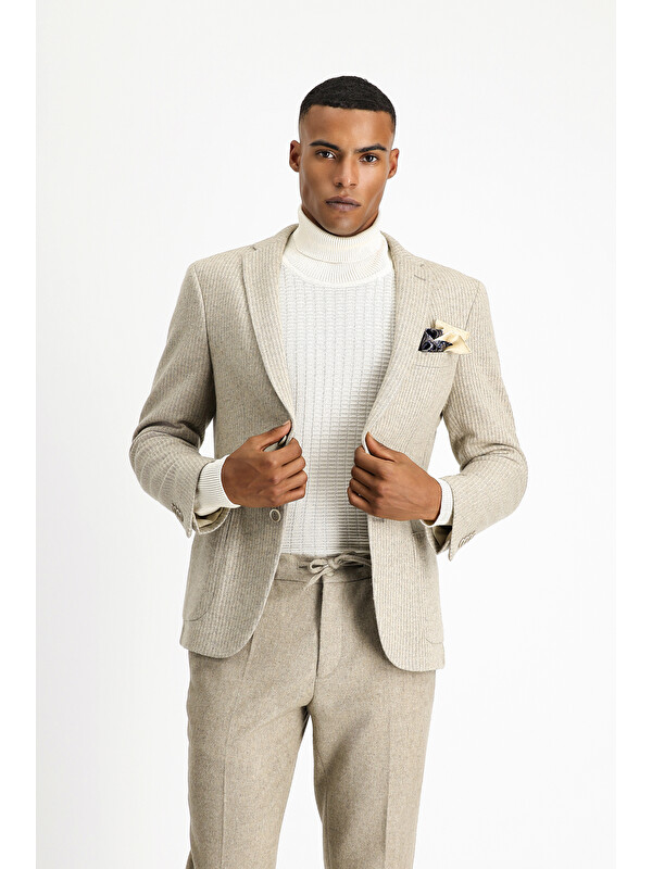 Kiğılı Relaxed Fit Rahat Kesim Yünlü Çizgili Spor Örme Blazer Ceket