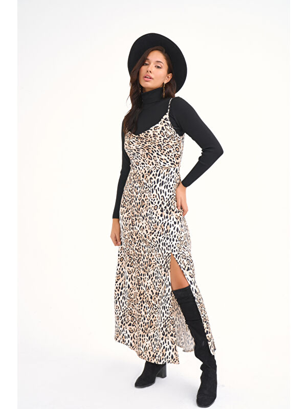 SATEEN Leopar Desenli Saten Elbise - Leopar