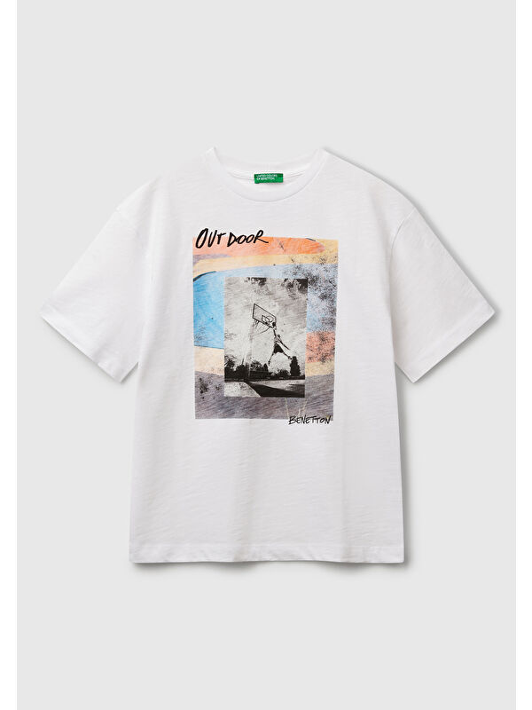 United Colors Of Benetton Erkek Çocuk Beyaz Fotoğraf Baskılı Oversize T-Shirt
