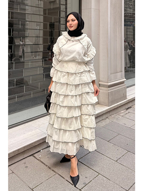 Locco Moda Kadın Kat Kat Vual Etekli Takım Bej