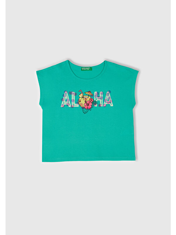 United Colors Of Benetton Kız Çocuk Yeşil Baskılı Payet İşleme Detaylı T-Shirt