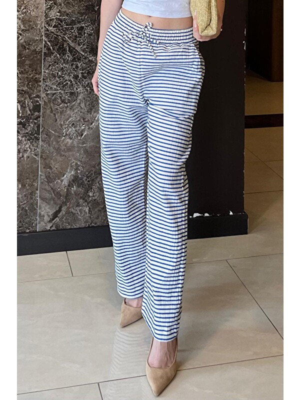 Madmext Mavi Beli Ayarlanabilir Pamuklu Bol Paça Dökümlü Çizgili Pantolon Mg2133