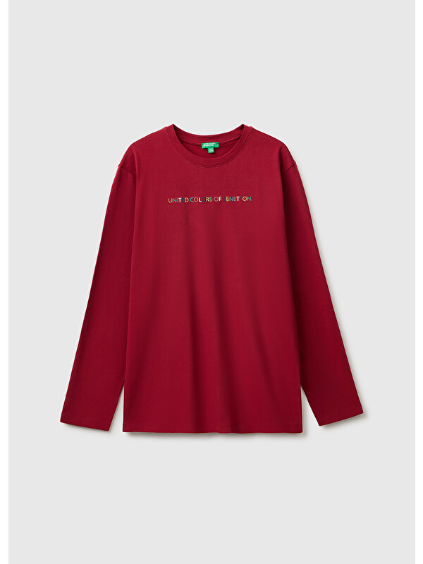 United Colors Of Benetton Erkek Çocuk Kırmızı Önü İşlemeli Uzun Kollu Tişört