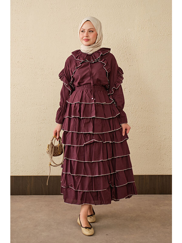 Locco Moda Kadın Kat Kat Vual Etekli Takım Bordo