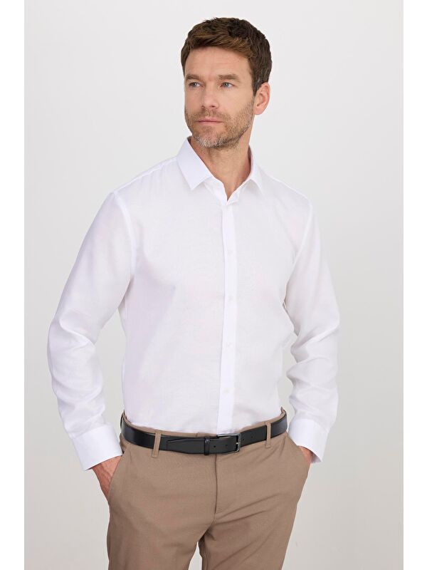 TUDORS Slim Fit Beyaz Non-Iron %100 Pamuk Doğa Dostu Ekoteks Belgeli Ütü Gerektirmez Gömlek