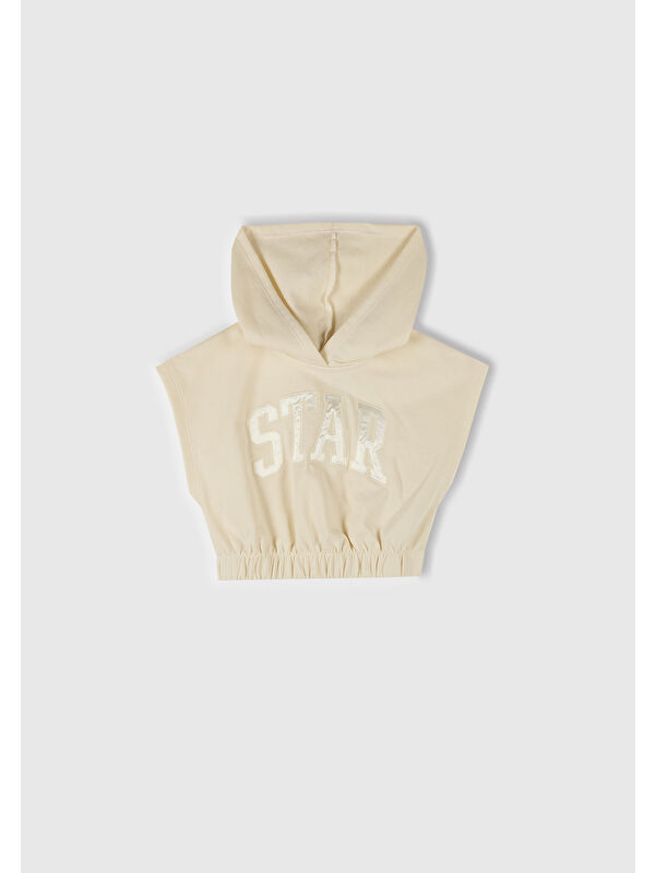 United Colors Of Benetton Kız Çocuk Ekru Önü Aplikeli Nakış Detaylı Kolsuz Kapüşonlu Sweatshirt
