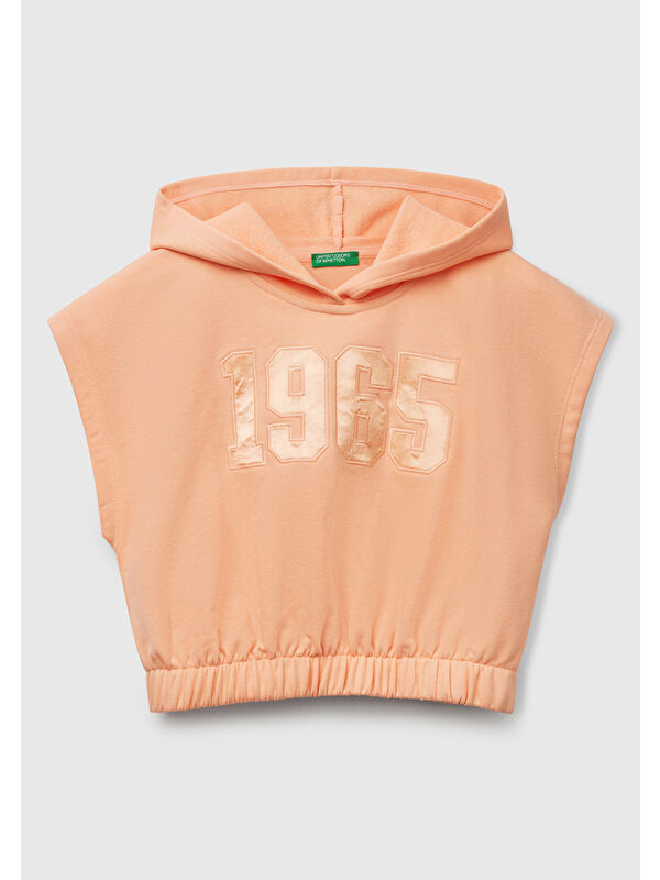 United Colors Of Benetton Kız Çocuk Yavruağzı Önü Aplikeli Nakış Detaylı Kolsuz Kapüşonlu Sweatshirt