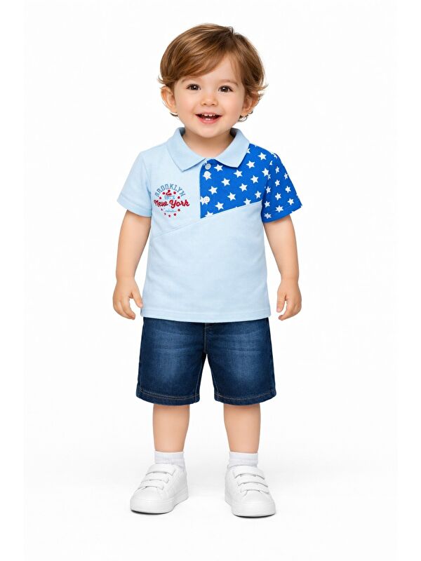 Kidex's Erkek Bebek Polo Yaka Yıldız Desenli Tişört Jean Şort 2’li Yazlık Takım