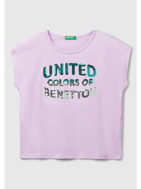 United Colors Of Benetton Kız Çocuk Lila Benetton Logo Baskılı T-Shirt
