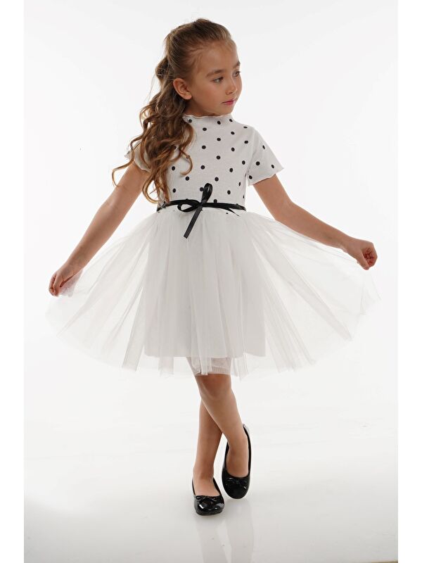Mnk Baby & Kids Kısa Kol Kız Puantiyeli Tütülü Günlük Elbise MNK0504