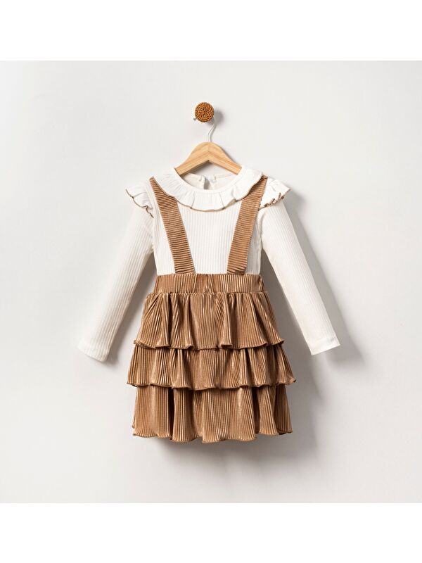 Mnk Baby & Kids Kadife Salopet Askılı Kız Etekli Takım MNK2147