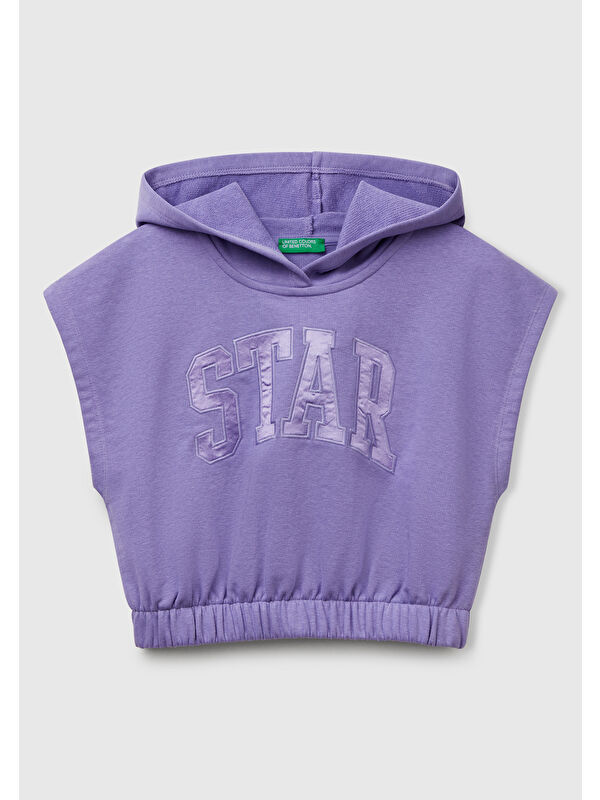 United Colors Of Benetton Kız Çocuk Mor Önü Aplikeli Nakış Detaylı Kolsuz Kapüşonlu Sweatshirt