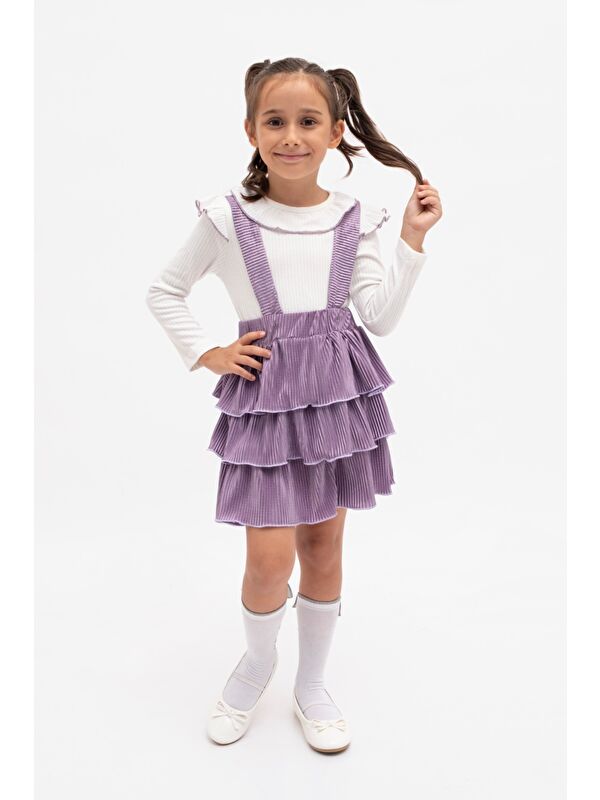 Mnk Baby & Kids Kadife Salopet Askılı Kız Etekli Takım MNK2147