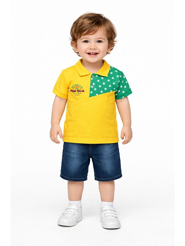 Kidex's Erkek Bebek Polo Yaka Yıldız Desenli Tişört Jean Şort 2’li Yazlık Takım