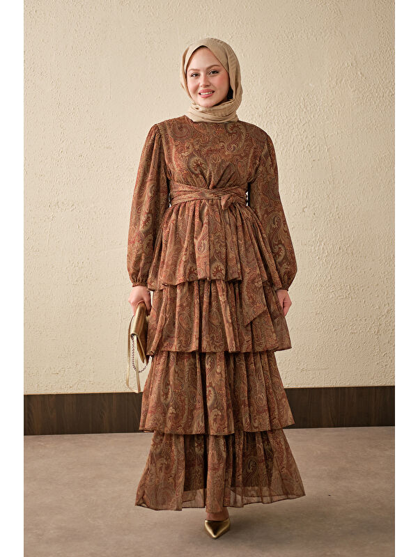 Locco Moda Kadın Etnik Desen Arkadan Bağlamalı Elbise Kahverengi
