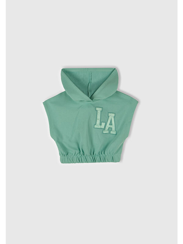 United Colors Of Benetton Kız Çocuk Su Yeşili Önü Aplikeli Nakış Detaylı Kolsuz Kapüşonlu Sweatshirt