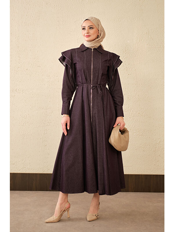 Locco Moda Kadın Dikiş Detay Omuz Büzgülü Jean Elbise Mürdüm