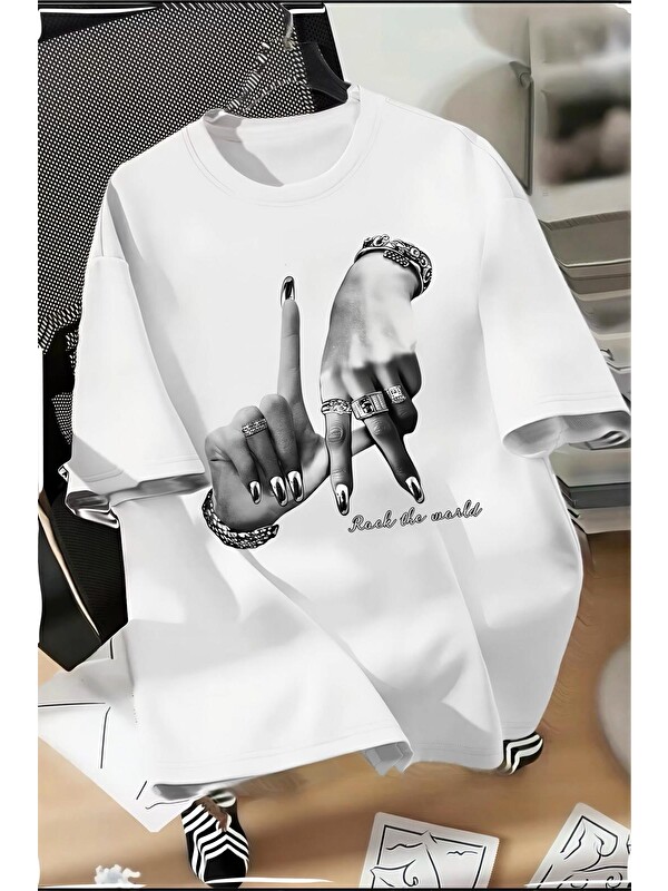 Oksit LA El İşareti Ön Baskılı Sokak Modası Unisex T-Shirt