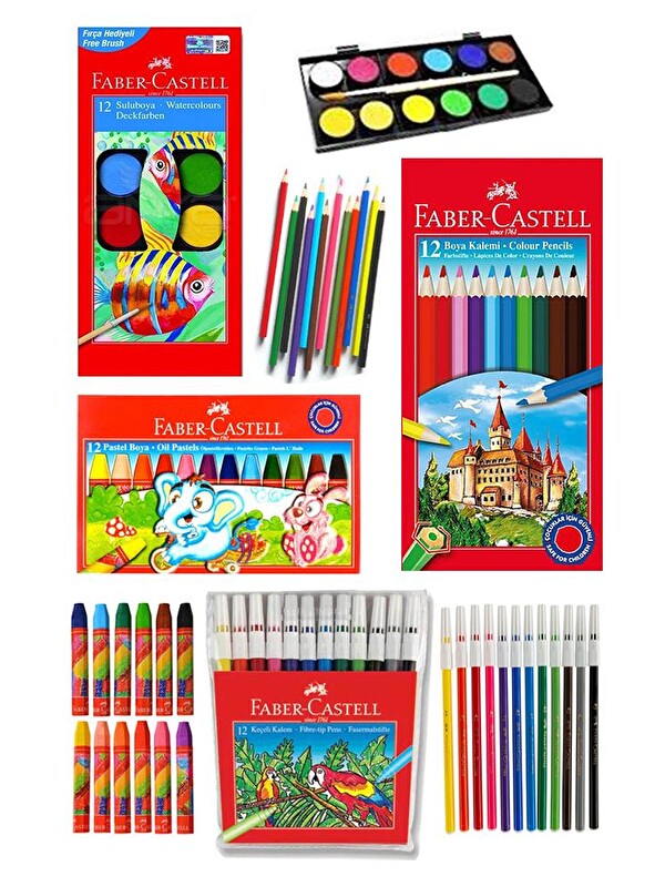 Faber-Castell Öğrenci Boyama Seti 4 lü 12 Renk Sulu Boya Kuru Boya Pastel Boya Keçeli Kalem 12 li Boyama Seti