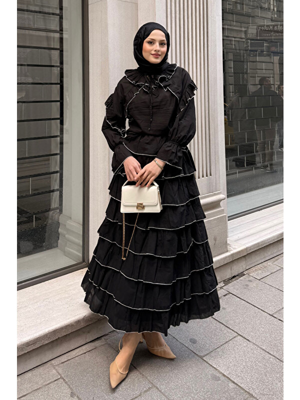 Locco Moda Kadın Kat Kat Vual Etekli Takım Siyah