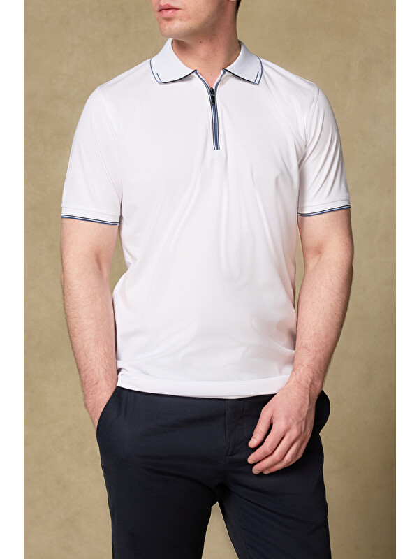 ABBATE Nero Merserize Pamuklu Modern Fit Beyaz Polo Yaka Erkek Düz Polo Shirt