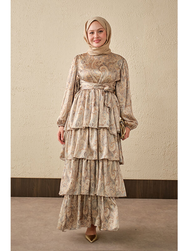 Locco Moda Kadın Etnik Desen Arkadan Bağlamalı Elbise Yeşil