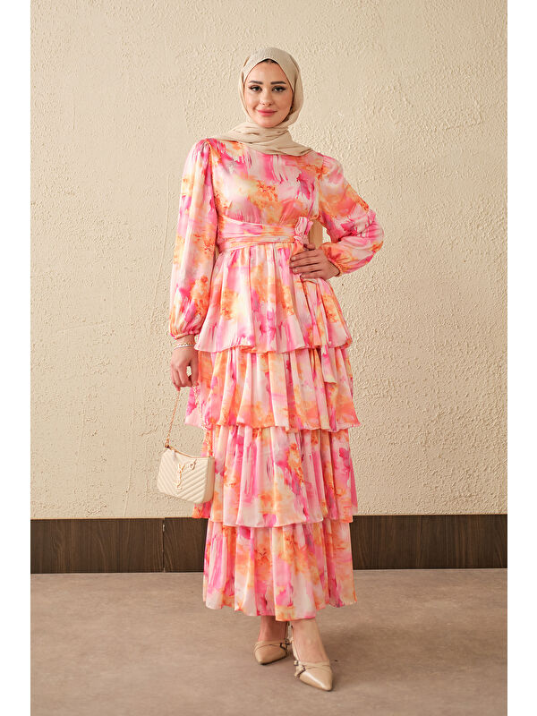 Locco Moda Kadın Karışık Desen Bel Bağlamalı Saten Elbise Pembe