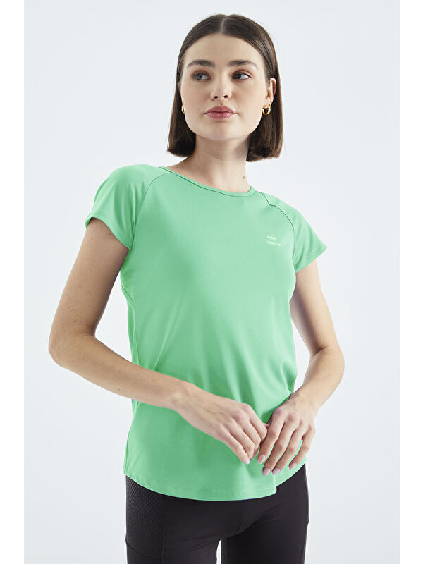 Tommylife Su Yeşili Sırt Pencereli Kısa Kol Standart Kalıp O Yaka Kadın T-Shirt - 97101