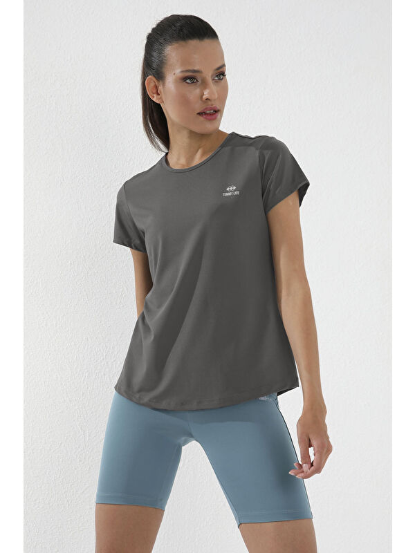 Tommylife Koyu Gri Basic Kısa Kol Standart Kalıp O Yaka Kadın T-Shirt - 97144