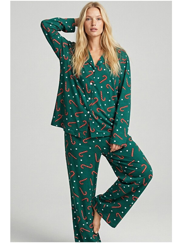 Siyah İnci Örme Düğmeli Pijama Takımı