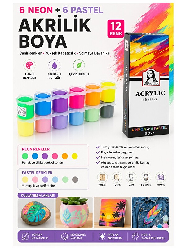 Artlantis Neon ve Pastel Akrilik Boya 12 Renk 1 Paket Monalisa 22 ml 12 li Akrilik Boya Resim Dersi Tuval Ahşa