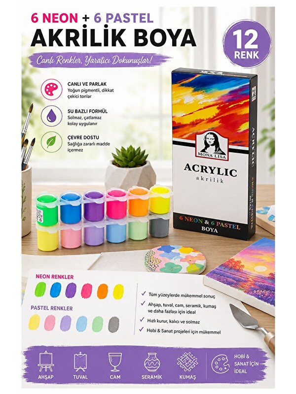 artmaster Neon ve Pastel Akrilik Boya 12 Renk 1 Paket Monalisa 22 ml 12 li Akrilik Boya Resim Dersi Tuval Ahşa