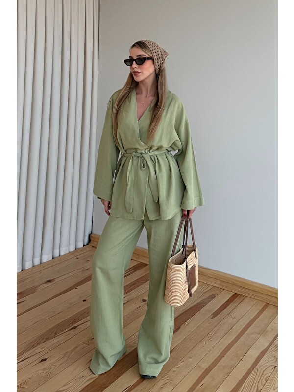 Laluvia Haki Pamuklu Kimono Takım